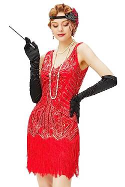 BABEYOND Damen Kleid Retro 1920er Stil Flapper Kleider mit Zwei Schichten Troddel V Ausschnitt Great Gatsby Motto Party Kleider Damen Kostüm Kleid (Rot, XS) von BABEYOND