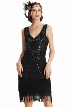 BABEYOND Damen Kleid Retro 1926er Stil Flapper Kleider mit Zwei Schichten Troddel V Ausschnitt Great Gatsby Motto Party Kleider Damen Kostüm Kleid Schwarz XXL von BABEYOND