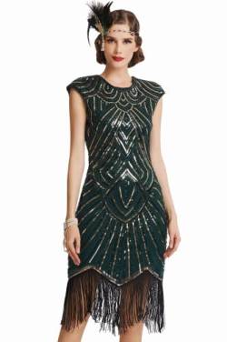 BABEYOND Damen Kleid voller Pailletten 20er Stil Runder Ausschnitt Inspiriert von Great Gatsby Kostüm Kleid (Dunkelgrün Gold, L (Fits 84-88 cm Waist)) von BABEYOND