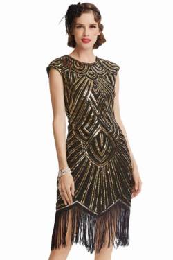 BABEYOND Damen Kleid voller Pailletten 20er Stil Runder Ausschnitt Inspiriert von Great Gatsby Kostüm Kleid (Gold und Schwarz, XXL (Fits 104-108 cm Waist)) von BABEYOND