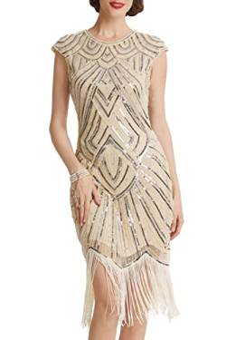 BABEYOND Damen Kleid voller Pailletten 20er Stil Runder Ausschnitt Inspiriert von Great Gatsby Kostüm Kleid (L (Fits 76-86 cm Waist & 94-104 cm Hips), Beige Strass) von BABEYOND