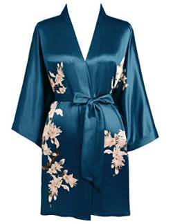 BABEYOND Damen Morgenmantel Blumen Gedruckt Sommer Bademantel Kimono Kurz Robe Leicht Schlafmantel Damen Satin Strandkleid (Dunkelgrün) von BABEYOND