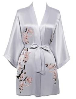 BABEYOND Damen Morgenmantel Blumen Gedruckt Sommer Bademantel Kimono Kurz Robe Leicht Schlafmantel Damen Satin Strandkleid (Grau) von BABEYOND