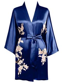 BABEYOND Damen Morgenmantel Blumen Gedruckt Sommer Bademantel Kimono Kurz Robe Leicht Schlafmantel Damen Satin Strandkleid (Navyblau) von BABEYOND