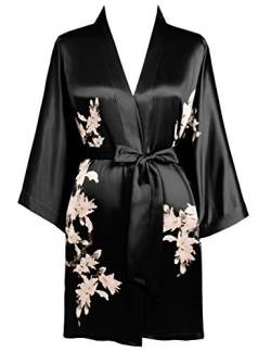 BABEYOND Damen Morgenmantel Blumen Gedruckt Sommer Bademantel Kimono Kurz Robe Leicht Schlafmantel Damen Satin Strandkleid (Schwarz) von BABEYOND