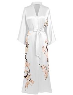 BABEYOND Damen Morgenmantel Kimono Blumen Zweig Gedruckt Maxi Lang Damen Bademantel Birnenblumen Strandjacke Braut Junggesellinnenabschied Party Schlafmantel(Weiß) von BABEYOND