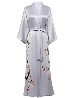 BABEYOND Damen Morgenmantel Kimono Blumen Zweig Gedruckt Maxi Lang Damen Bademantel Birnenblumen Strandjacke Braut Junggesellinnenabschied Party Schlafmantel von BABEYOND