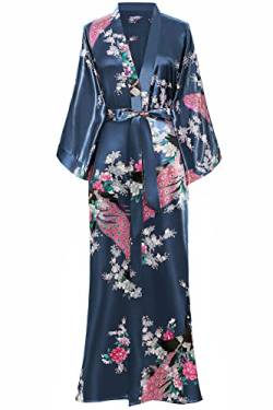 BABEYOND Damen Morgenmantel Maxi Lang Kimono Strandkleid Pfau Gedruckt Strickjacke Kimono Bademantel Damen Lange Robe Schlafmantel Girl Pajama Party (Preußischblau) von BABEYOND