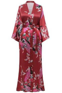 BABEYOND Damen Morgenmantel Maxi Lang Satin Sommer Kimono Blumen Muster Gedruckt Bademantel Kimono Damen Lange Robe Blumen Schlafmantel Girl Pajama Party Weinrot von BABEYOND