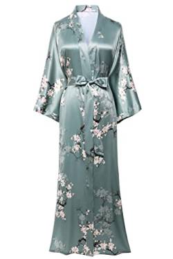 BABEYOND Damen Morgenmantel Maxi Lang Satin Sommer Kimono Blumen Muster Gedruckt Bademantel Kimono Strickjacke Damen Lange Robe Blumen Schlafmantel Girl Pajama Party (Stil3 - Grün) von BABEYOND