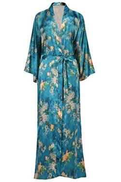 BABEYOND Damen Morgenmantel Maxi Lang Satin Sommer Kimono Blumen Muster Gedruckt Bademantel Kimono Strickjacke Damen Lange Robe Blumen Schlafmantel Girl Pajama Party (Stil4 - Malachit Grün) von BABEYOND