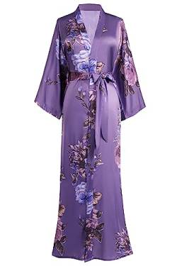 BABEYOND Damen Morgenmantel Maxi Lang Satin Sommer Kimono Blumen Muster Gedruckt Bademantel Kimono Strickjacke Damen Lange Robe Blumen Schlafmantel Girl Pajama Party von BABEYOND