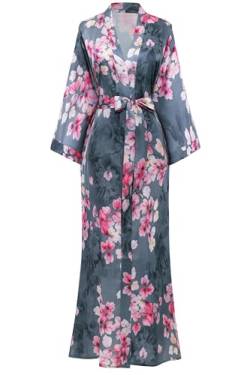 BABEYOND Damen Morgenmantel Maxi Lang Satin Sommer Kimono Kleid Blatt Muster Kimono Bademantel Damen Lange Robe Blumen Schlafmantel Girl Pajama Party (Grau) von BABEYOND