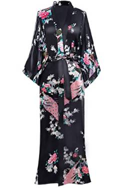 BABEYOND Damen Morgenmantel Maxi Lang Seide Satin Kimono Kleid Pfau Muster Kimono Bademantel Damen Lange Robe Schlafmantel Girl Pajama Party (Schwarz) von BABEYOND