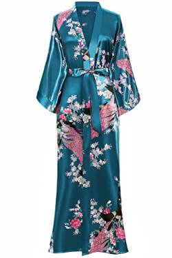 BABEYOND Damen Morgenmantel Maxi Seide Satin Kimono Kleid Pfau Muster Bademantel Damen Robe Schlafmantel Girl Pajama Party 135cm Lang (Türkis) von BABEYOND