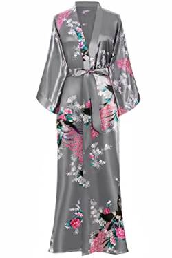 BABEYOND Damen Morgenmantel Maxi Seide Satin Kimono Kleid Pfau Muster Bademantel Robe Schlafmantel Girl Pajama Party 135cm Lang (Silber Grau) von BABEYOND