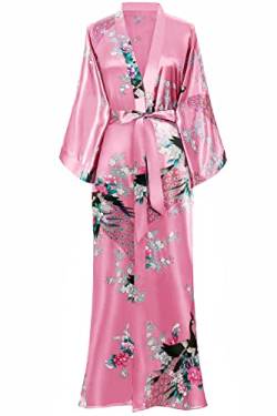 BABEYOND Damen Morgenmantel Maxi Seide Satin Kimono Kleid Pfau Muster Bademantel Robe Schlafmantel Girl Pajama Party 135cm Lang (Wassermelone) von BABEYOND