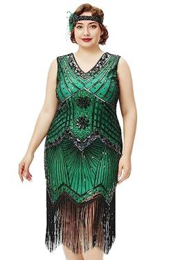 BABEYOND Damen Plus Size Flapper Kleider 1920er Jahre V Ausschnitt Perlen Fransen Great Gatsby Kleid, Grün , 3X-Groß von BABEYOND