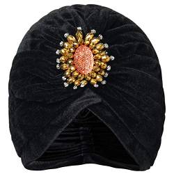 BABEYOND Damen Turban Hut mit Kristall Brosche 1920s Haarband Exotisch Retro Indischer Turban Hut Damen Fasching Kostüm Accessoires (Schwarz) von BABEYOND