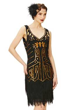 BABEYOND Damen flapper kleider der 1920er jahre mit v-ausschnitt perlen gesäumt great gatsby kleid Gold Schwarz Medium von BABEYOND