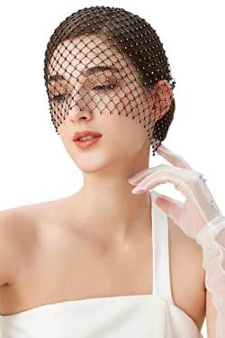 BABEYOND Fascinator Schleier Teeparty – Mesh Schleier für Frauen glitzernde Braut Hochzeit Schleier Maske mit Strass, schwarz, Einheitsgröße von BABEYOND