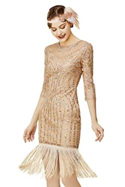 BABEYOND Flapper Kleider 1920er Jahre Gatsby – Pailletten-Perlenkleid für Damen, Fransen-Kleid mit Ärmeln, Roségold, Klein von BABEYOND