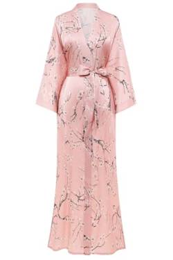 BABEYOND Floral Kimono Robe Satin Seide Hochzeit Robe 1920er Kimono Nachthemd Nachtwäsche 53 Zoll lang, Pflaume Blossom-pink, Einheitsgröße von BABEYOND