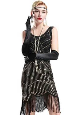 BABEYOND Retro 1920s Stil Damen Kleid Karneval Flapper Kleid V Ausschnitt Troddel Gatsby Mottoparty Damen Kostüm Kleid (Etikette S/ UK8-10/ EU36-38, Schwarz und Gold) von BABEYOND