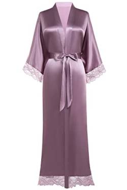 BABEYOND Satin Kimono Robe Lang Brautjungfer Hochzeit Bademantel mit Spitzenbesatz - Violett - Einheitsgröße von BABEYOND