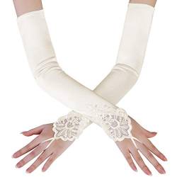 Coucoland Damen Handschuhe Satin Classic Opera Fest Party Audrey Hepburn Handschuhe 1920s Handschuhe Damen Lang Kurz Elastisch (Spitze Elfenbein/45cm) von BABEYOND