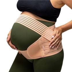 BABYGO® Bauchgurt Bauchband Schwangerschaft | Schwangerschaftsgürtel Stützgürtel bauchstütze beckengurt | inklusive Übungsbuch - Yoga für Schwangere L Beige von BABYGO