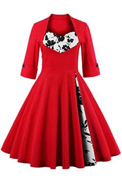 Babyonline Sommer Damen Polka Dots Kleider Vintagekleid Rockabilly Kleid Partykleider S-5XL, Rot mit Blumen, L von BABYONLINE D.R.E.S.S.