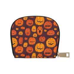 BACKZY Halloween-Kürbis-bedruckte und modische halbrunde Lederschalen-Kartentasche, geeignet zum Mitnehmen von BACKZY