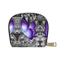 BACKZY Halloween Mond Fledermaus Kürbis bedruckt und modisch halbrunde Lederschale Kartentasche geeignet zum Mitnehmen, violettfarbener schmetterling, Einheitsgröße von BACKZY