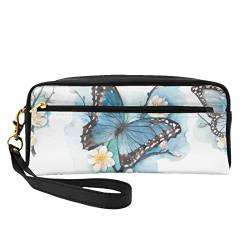 Modische Kosmetiktasche aus Leder, Motiv: Schmetterling auf Blüten, multifunktional, Blau, Schwarz , Einheitsgröße von BACKZY