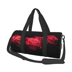 Reisegepäcktasche mit roten Rosen und schwarzen Blättern, rund, großes Fassungsvermögen, multifunktionale Aufbewahrungstasche, Schwarz , Einheitsgröße von BACKZY