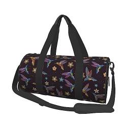 Reisetasche mit Blumen-Kolibri-Stickerei, rund, großes Fassungsvermögen, multifunktionale Aufbewahrungstasche, Schwarz , Einheitsgröße von BACKZY