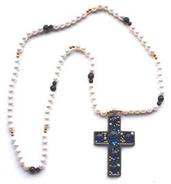 BAD TASTE Perlenkette mit Kreuz Nr. 8 Blaue Steine Länge 90 cm Kreuz 10 cm lang Guatemala 1990er Jahre von BAD TASTE
