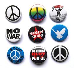 Gegen Krieg Buttons 9 verschiedene 35 mm Friedenstaube No War Kein Blut für Öl Peace-Zeichen von BAD TASTE