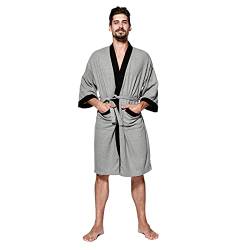 BADA Herren Kimono Robe Baumwolle Waffel Spa Bademantel Leicht Weich Knielang Nachtwäsche mit Taschen, B-grau, L von BADA