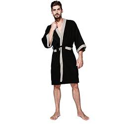 BADA Herren Kimono Robe Baumwolle Waffel Spa Bademantel Leicht Weich Knielang Nachtwäsche mit Taschen, Schwarz , M von BADA