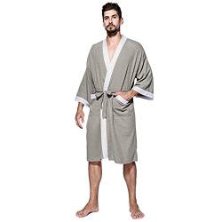 BADA Herren Kimono Robe Baumwolle Waffel Spa Bademantel Leicht Weich Knielang Nachtwäsche mit Taschen, grau, XL von BADA