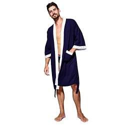 BADA Herren Kimono Robe Baumwolle Waffel Spa Bademantel Leicht Weich Knielang Nachtwäsche mit Taschen, navy, L von BADA