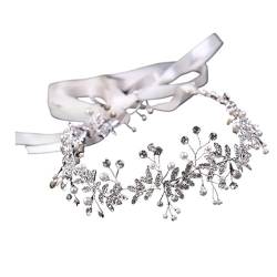 Kristall Blumen Stirnband Schleife Haarbänder Braut Hochzeit Haarschmuck Perlenkopf Blumen Stirnbänder Damen Kopfbedeckung (Color : Silver) von BADALO