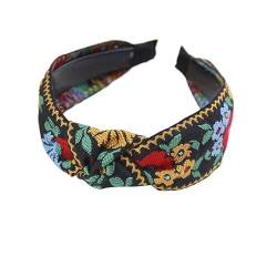 Levao weibliches ethnisches Haarband mit Stickerei, Blumen-/Blatt-Stirnband, Kopfblende for Frauen, kreuzgeknüpfte Haarreifen, Stirnbänder, Kopfbedeckung (Color : Black) von BADALO