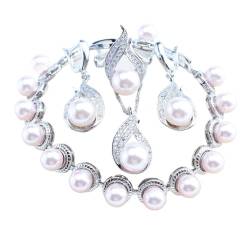 BAFAFA 925 Silber Perlenschmuck Sets Braut Eheringe Ohrringe Anhänger Halskette Weiß Zirkon Armbänder Set (Color : 4PCS-Natural, Size : 10) von BAFAFA