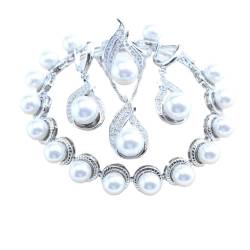 BAFAFA 925 Silber Perlenschmuck Sets Braut Eheringe Ohrringe Anhänger Halskette Weiß Zirkon Armbänder Set (Color : 4PCS-White, Size : 10) von BAFAFA