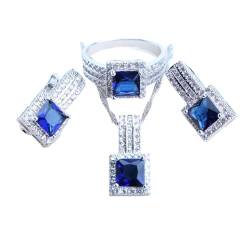 BAFAFA Brautschmuck-Set aus 925er-Silber, blauer Zirkonia, Damen-Kostüm-Anhänger, Hochzeit-Halsketten-Set for Frauen, Stein-Ohrringe, Armbänder, Ring (Color : 3PCS-Blue, Size : 8) von BAFAFA