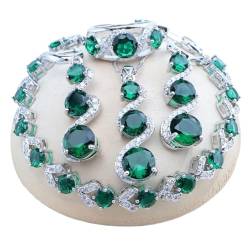 BAFAFA Brautschmuck-Set aus 925er-Silber, runde Zirkon-Armbänder, Ohrringe, Ringe, Anhänger, Hochzeit, Halsketten-Set for Frauen (Color : 4PCS-Green, Size : 10) von BAFAFA