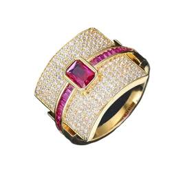 BAFAFA Luxuriöser Statement-Stapelring for Frauen, Hochzeit, kubischer Zirkon, Verlobung, Dubai, Punk, Braut-Top-Ringe (Color : Ruby Gold, Size : 5) von BAFAFA